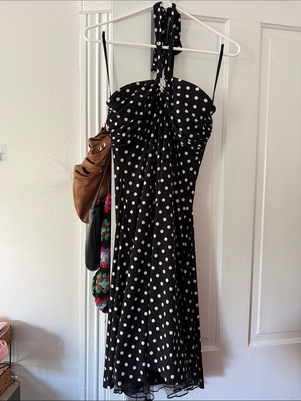 Blondie Nites Black and White Polka Dot Strapless Midi Dress